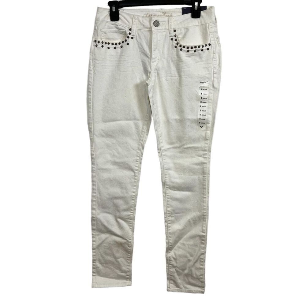 AMERICAN EAGLE SKINNY STRETCH White Wash Low Rise Studded Jeans NWT sz 6 x 32